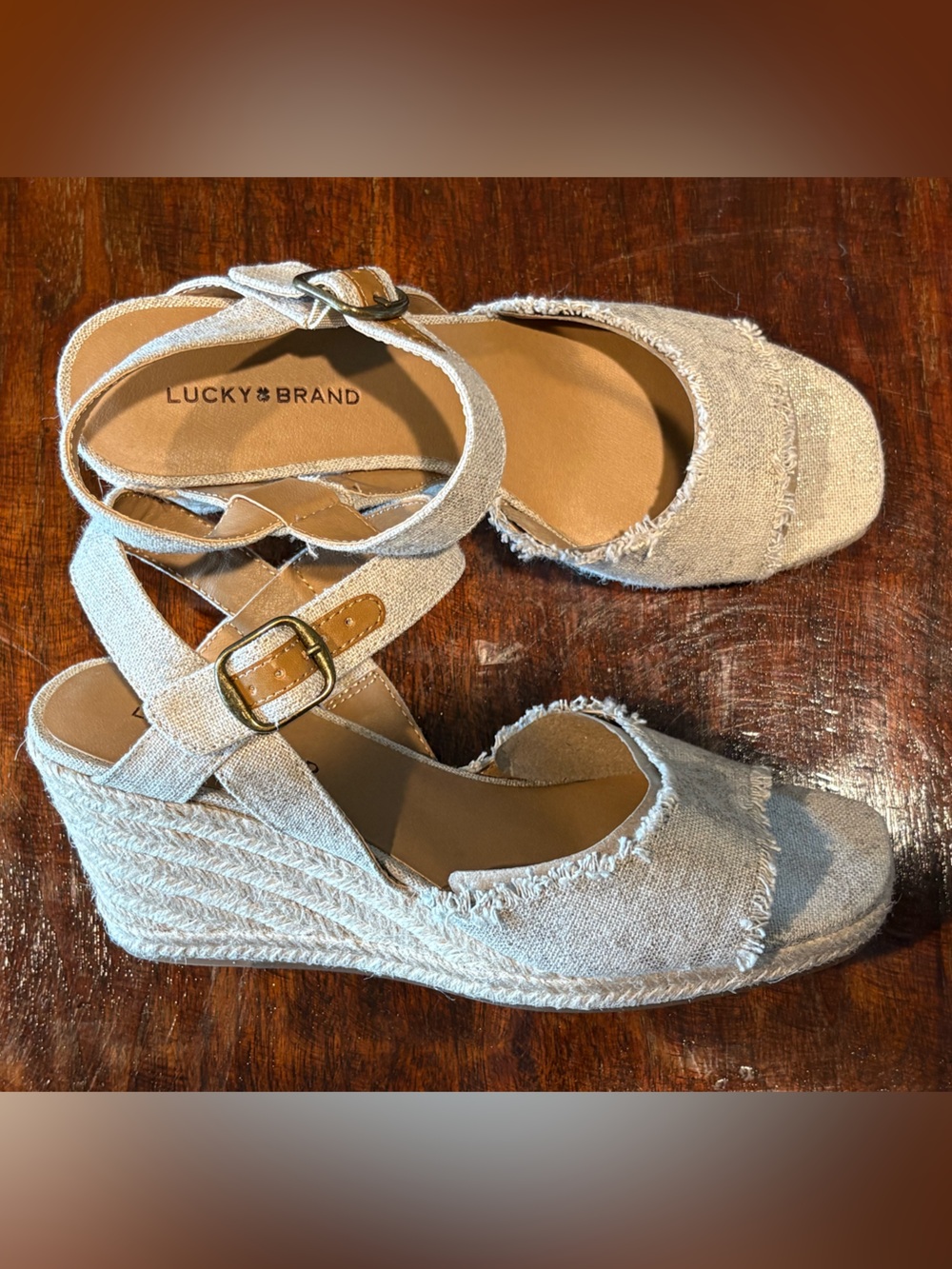 New Lucky Brand Beige Linen-Style Espadrille Wedge Sandals
